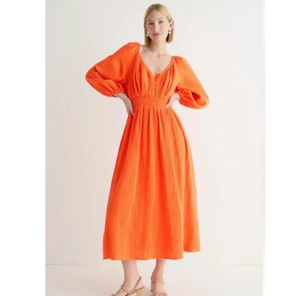 NWT J.Crew Women’s Medium V- Neck Midi Dress Soft Gauze Vacation Puff Sleeves